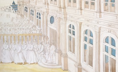 Procesión de la Reina Louise de Lorraine-Vaudemont (1553-1601) saliendo del Palais du Louvre hacia la Maison de Charite, 1584 de Nicolas attr. to Houel